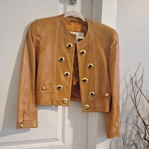 Tan Leather Jacket with Gold Buttons